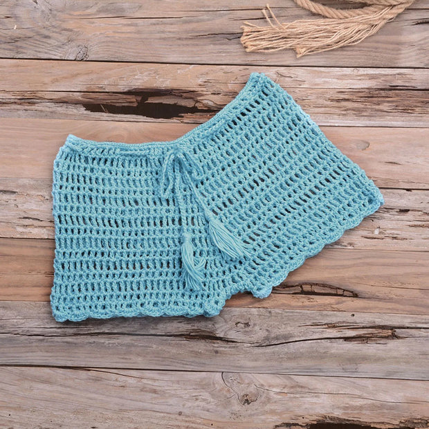 Women's Summer Solid Color Handwoven Crochet Bikini  Shorts Beach Swimming Pants Stretchable Strap Hollow Flat Corner Pants