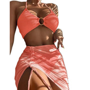 Bikini Women'S Sexy Solid 3 Piece Bathing Suit Seductive Hollow Buckle Biquini With Adjustable Drawstring For Womens купальники