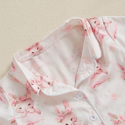 Summer Boy Girl Easter Satin Pajamas Set Bunny Print Short Sleeve Lapel Button Down Tops with Shorts Sleepwear