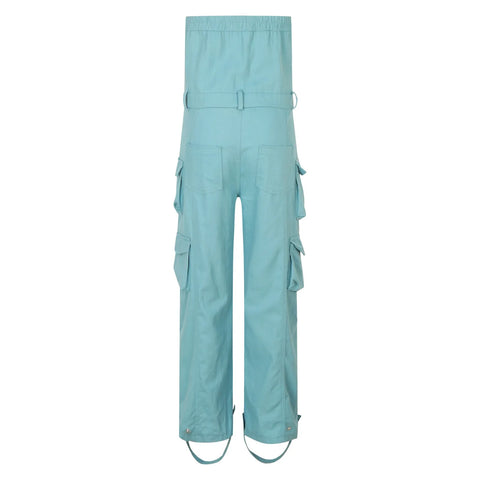 Women's Sexy Off Shoulder Tube Denim Cargo Jumpsuits Wide Leg Baggy Loose Jean Pants Rompers Overalls Control Too Pants