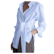 Women's Spring Shirts New Chic Comfortable Casual Temperament Loose Tie Waist Shirt Office Business Commuting Pure Color Blouse