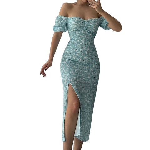 One Line Collar Holiday Dress Wrap Buttocks Slim Waist Dresses With Slit Temperament Chiffon Floral Dresses For Women Plus Size