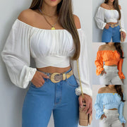 Women Sexy Off Shoulder Long Sleeve Top Self Tie Knot Crop Top Blouse Solid Color WoMen's Blouses Y2k Female Summer Shirts 블라우스