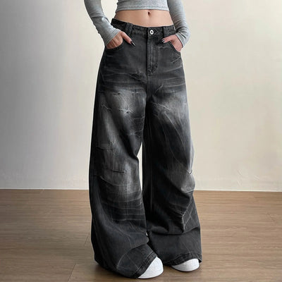 Women Vintage Straight Wide Leg Jeans Retro Wash Black Loose Street Pants With Pockets Jean Pants For Women Harajuku Streetwear
