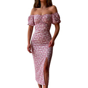 One Line Collar Holiday Dress Wrap Buttocks Slim Waist Dresses With Slit Temperament Chiffon Floral Dresses For Women Plus Size