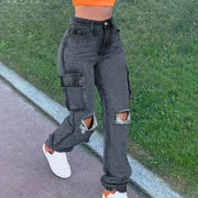 Women'S Jeans New Trendy Fall Wholesale Casual Washed Baggy Pocket Cargo Straight Trousers Jeans Ladies Streetwear Black Denim