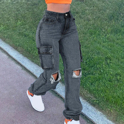 Women'S Jeans New Trendy Fall Wholesale Casual Washed Baggy Pocket Cargo Straight Trousers Jeans Ladies Streetwear Black Denim