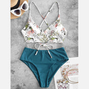 Summer Swimwear Women Bikini Sets Floral Printed Bandage Bathing Suits With Bra Padded Monokini Holiday Conservative Swimsuits