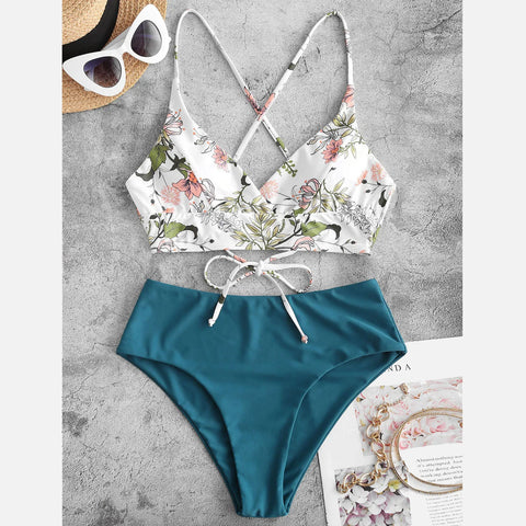 Summer Swimwear Women Bikini Sets Floral Printed Bandage Bathing Suits With Bra Padded Monokini Holiday Conservative Swimsuits