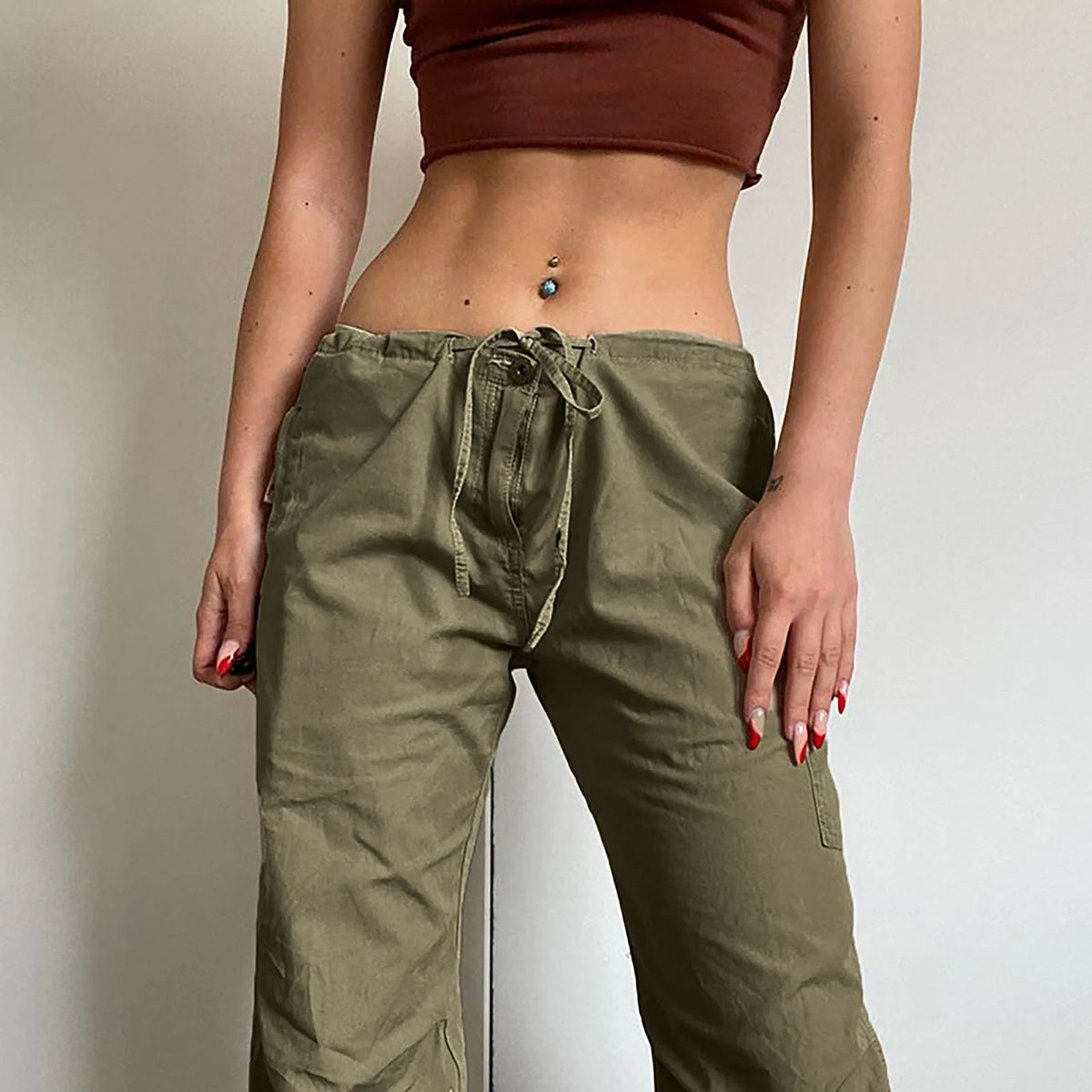 Low-Rise Drawstring Cargo Pants, Army Green – view 4 of 6