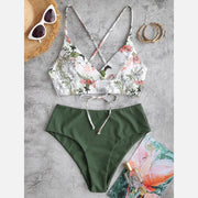 Summer Swimwear Women Bikini Sets Floral Printed Bandage Bathing Suits With Bra Padded Monokini Holiday Conservative Swimsuits