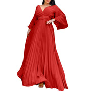 Women's Elegant White Evening Dress Deep V Neck Flare Sleeve Pleated Wedding Guest Dress With Belt Formal Dresses For Women
