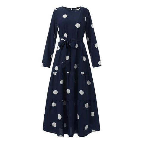 2025 Women Spring Muslim Dress Elegant Casual Loose Abaya Kaftan Sundress Long Sleeved Polka Dots Printed O-neck Maxi Robe