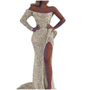 Elegant Sparkly Sequins Dresses Women 2023 Fashion Mermaid Slash Neck One Shoulder Wedding Prom Dress Slim Split Evening Dress