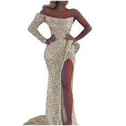 Elegant Sparkly Sequins Dresses Women 2023 Fashion Mermaid Slash Neck One Shoulder Wedding Prom Dress Slim Split Evening Dress