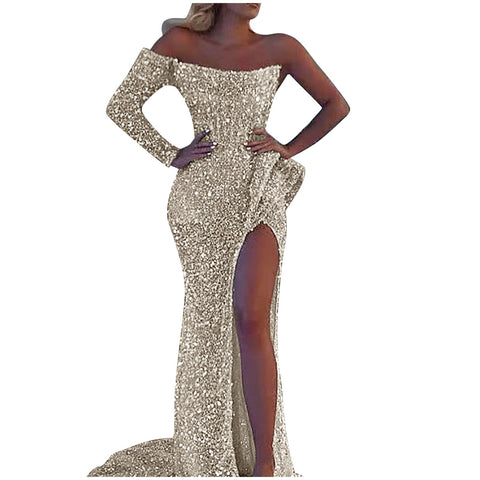 Elegant Sparkly Sequins Dresses Women 2023 Fashion Mermaid Slash Neck One Shoulder Wedding Prom Dress Slim Split Evening Dress