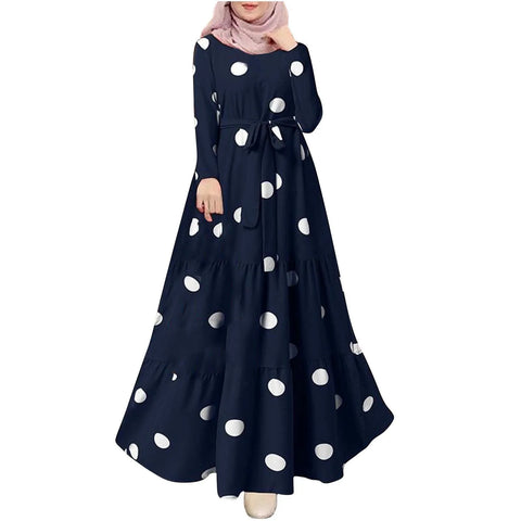 2025 Women Spring Muslim Dress Elegant Casual Loose Abaya Kaftan Sundress Long Sleeved Polka Dots Printed O-neck Maxi Robe
