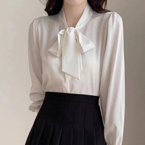 Business Shirts for Women Long Sleeve Slimming Satin Silk Blouse With Bow Tie Female Elegant High End Solid Color Blouse