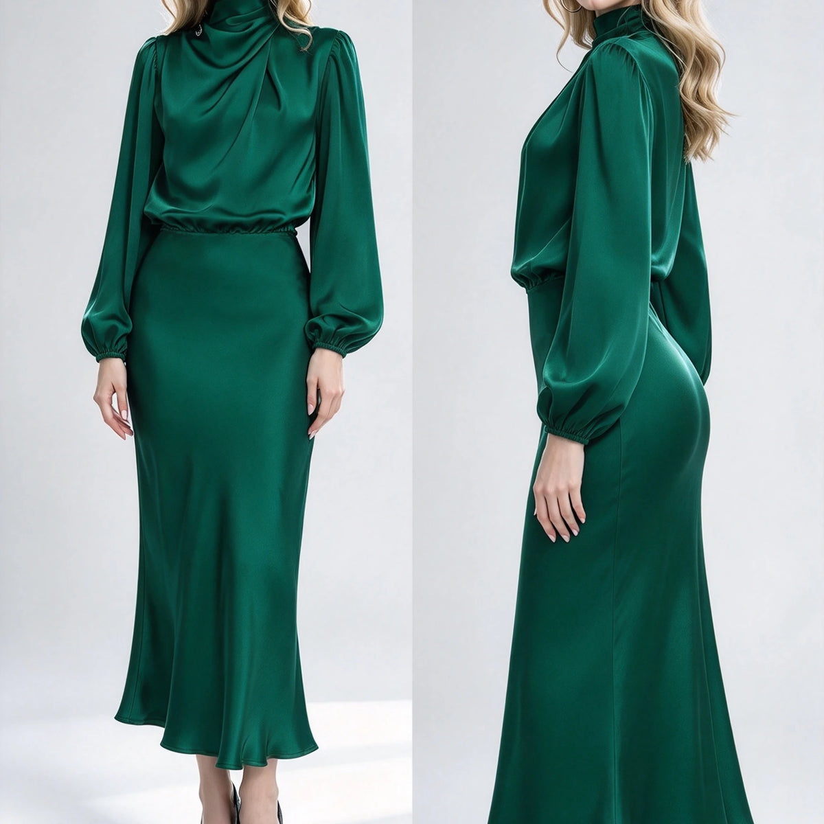 Draped High-Neck Satin Midi Dress – main view