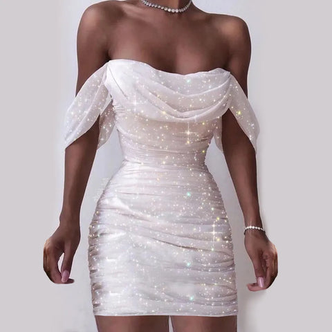 Summer Dress Woman 2025 Women Fashion Off Shoulder Cowl Neck Bandeau Sequined Party Mini Dress Party Dresses Evening Dress