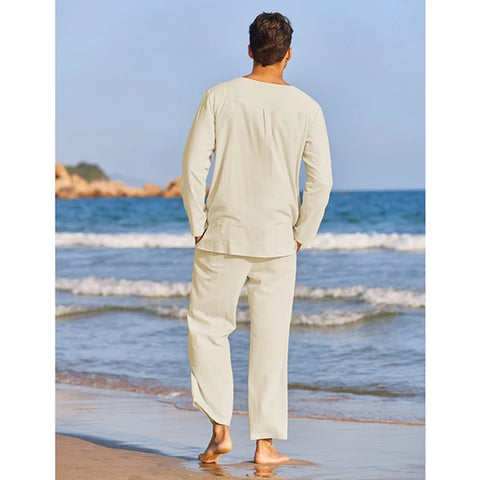 Men s Summer Cotton Linen Clothes Solid Color Long Sleeve Henley Shirt Elastic Waist Drawstring Pants 2 Pieces Loungewear Set
