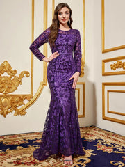 Party Dresses Luxury Women Sequin Dress Purple Round Neck Long Evening Dress Long Sleeved Dress Celebrity Evening Dress Glitter