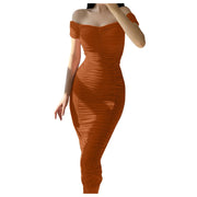 Elegant Pleated Bodycon Formal Dress Women's Off Shoulder Solid Color Gathered Slim Sexy Dress Women Girls Slim Birthday Dresses