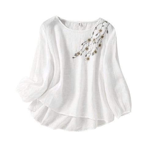 Cotton Linen Blended Summer Blouse Women Embroidered Floral Thin Long Sleeve Blouses Round Neck Loose Female Top