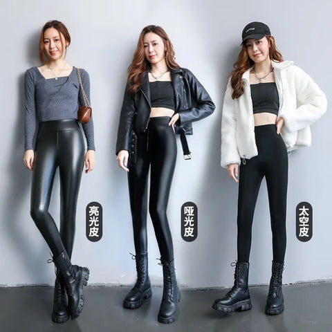 Faux Leather Leggings Women Black Stretchy Push Up High Waist Yoga Pants Waterproof Knitted Fitness Skinny Spandex Jeggings