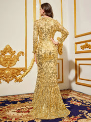 Party Dresses Luxury Women Sequin Dress Purple Round Neck Long Evening Dress Long Sleeved Dress Celebrity Evening Dress Glitter