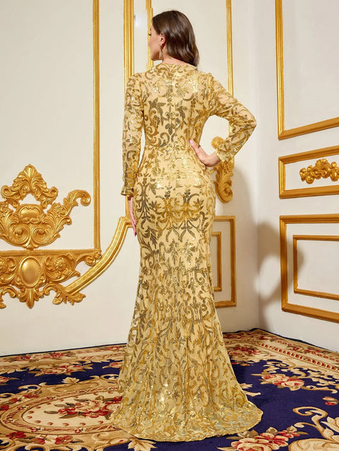 Party Dresses Luxury Women Sequin Dress Purple Round Neck Long Evening Dress Long Sleeved Dress Celebrity Evening Dress Glitter