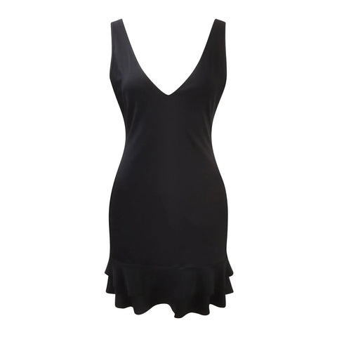 Women's Deep V-Neck Sleeveless Dress, Backless, Ruffled, Monochromatic, Hip-Hugging, Sexy, Fashionable, 2024