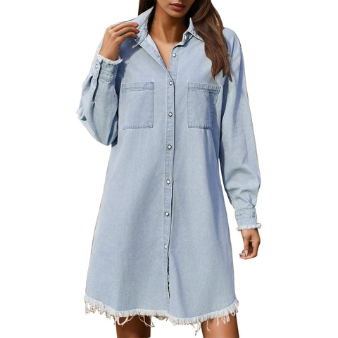Long Sleeve Denim Female Dress Vintage Loose Button Down Shirt Dresses Ladies Shirts Dress With Pockets Woman Clothing