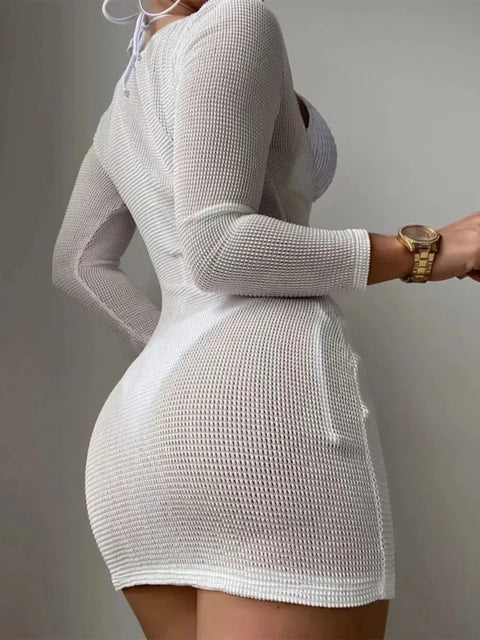 2025 Beach Skirt Swimsuit Women White Three-Piece Bikini Sexy Mesh Long Sleeve Hollow Out Bathing Suit Swimwear Summer Beachwear