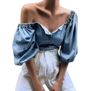 Summer Fashion Office Lady Camisas Blusas Sexy Off Shoulder Bubble Sleeved Denim T-shirt Blouse Beach Party Tops Streetwear