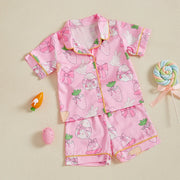 Summer Boy Girl Easter Satin Pajamas Set Bunny Print Short Sleeve Lapel Button Down Tops with Shorts Sleepwear