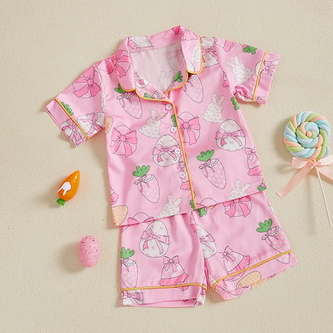 Summer Boy Girl Easter Satin Pajamas Set Bunny Print Short Sleeve Lapel Button Down Tops with Shorts Sleepwear