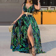 Elastic Waist V Neck Long Dress Sleeveless Print Side Slit Evening Party Dress Ladies Round Dot Printing Casual Sweet dress