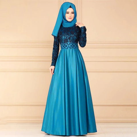 Ethnic Style Muslim Maxi Robe Women Lace Spliced Long Sleeved Elegant Temperamental High Waist Saudi Arabia Muslim Maxi Dress