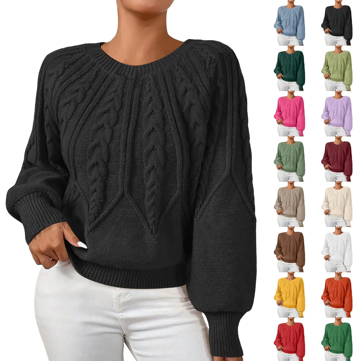 Cable Knit Puff Sleeve Crewneck Sweater – main view