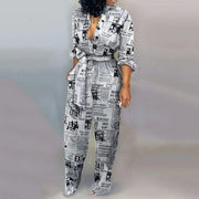 Women's Sexy Cardigan Shirt Neck Tie Long Sleeve Plus Size Jumpsuit Casual One Piece Pants Newspaper Print Harajuku Jumpsuit