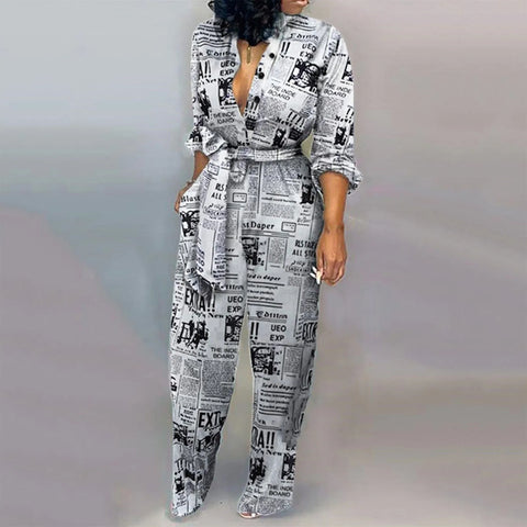 Women's Sexy Cardigan Shirt Neck Tie Long Sleeve Plus Size Jumpsuit Casual One Piece Pants Newspaper Print Harajuku Jumpsuit