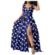 Elastic Waist V Neck Long Dress Sleeveless Print Side Slit Evening Party Dress Ladies Round Dot Printing Casual Sweet dress