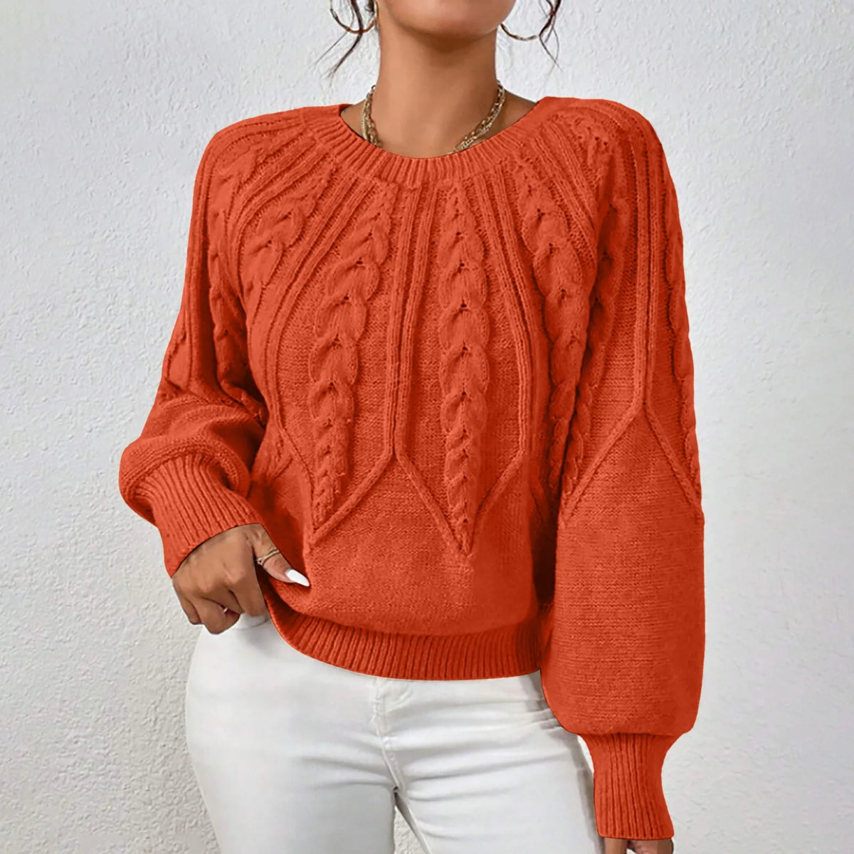Cable Knit Puff Sleeve Crewneck Sweater – view 6 of 20
