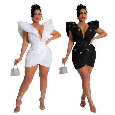 Women V-neck Petal Sleeveless Mini Dress Diamonds Ruched Bodycon Dresses Sexy Night Party Vestidos Fashion Evening