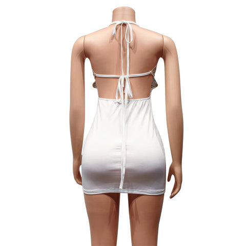 Echoine Spaghetti  Lace Up Halter V-neck Sheer Mesh Diamond Mini Dress Sexy Skinny Party Evening Night Club Dresses Vestidos