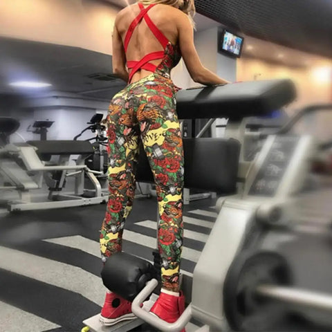 Pilates Outfit 1 Piece Workout Jumpsuits High Waist Breathable Stretchy Printed Backless Gym Outfits For Fitness Running