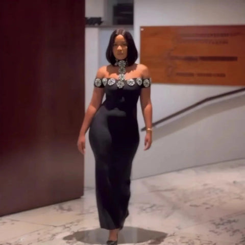 Women Slash Neck Short Sleeve Diamond Halter Bodycon Long Maxi Dress 2025 Birthday Evening Street Sexy Party Dresses