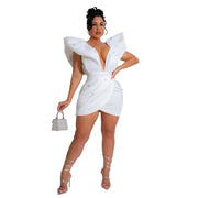 Women V-neck Petal Sleeveless Mini Dress Diamonds Ruched Bodycon Dresses Sexy Night Party Vestidos Fashion Evening