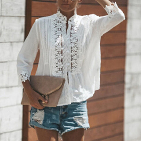 2022 Spring Summer Casual Blouse Women Top And Blouse Lace Crochet Half Sleeve Shirts Elegant Ladies V-Neck Loose Boho Blouse